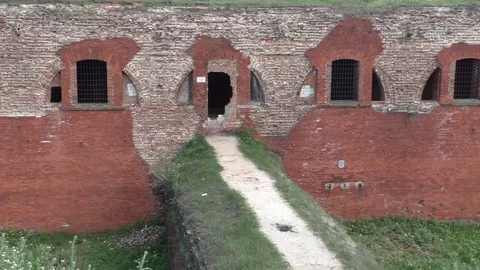 A large red brick tower. Old Fortress Building Stock Footage 130138866