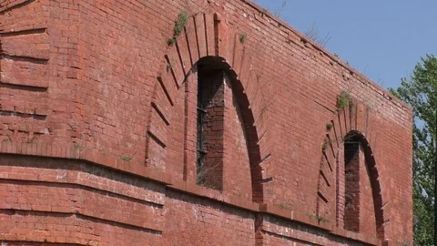 A large red brick tower. Old Fortress Building Stock Footage 130138892