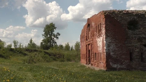 A large red brick tower. Old Fortress Building Stock Footage 130139633