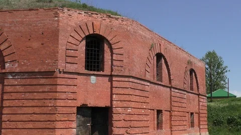 A large red brick tower. Old Fortress Building Stock Footage 130140056