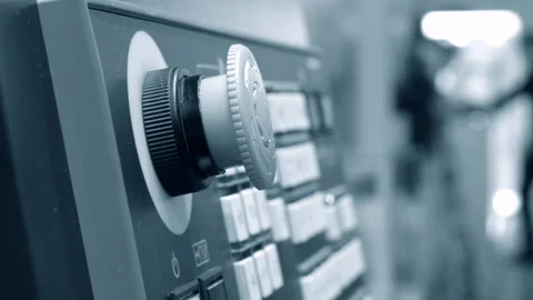 Large red button on the control panel industrial machine close-up Video stock 131278376