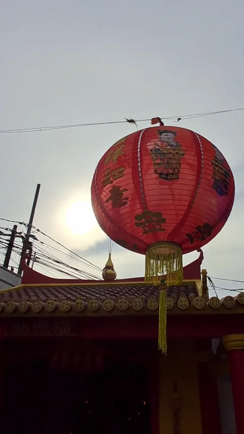 Large Red Chinese Lantern at Temple Entrance Stock Footage 331421669