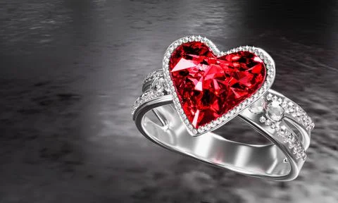 The large red diamond heart shape is surrounded by many diamonds on the ring  Stock Illustration
