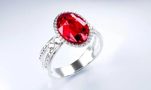 The large red diamond or ruby is surrounded by many diamonds on the ring made Stock Illustration
