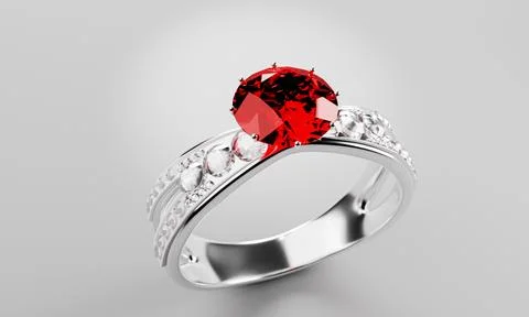 The large red diamond or ruby is surrounded by many diamonds on the ring ma.. Stock Photos