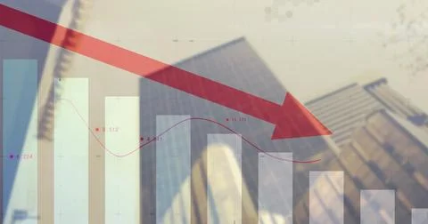 Large red downward arrow spanning urban skyline, with skyscrapers bar chart 스톡 사진