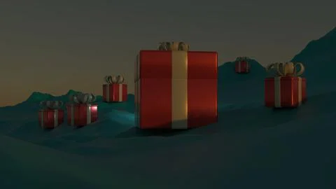 Large red gift boxes with golden bows in surreal dark festive landscape Stock Illustration