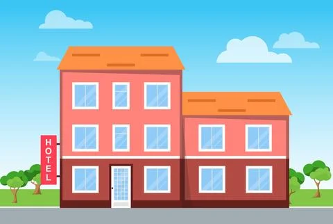 Large red hotel building concept with landscape trees sky and clouds flat Stock Illustration