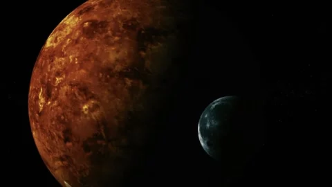 Large red planet in deep space with a small blue moon and dark starry backg.. Stock Footage 340388307