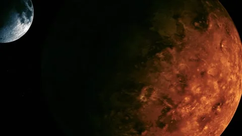 Large red planet with a small moon in deep space on a dark background, show.. Stock Footage 340382967