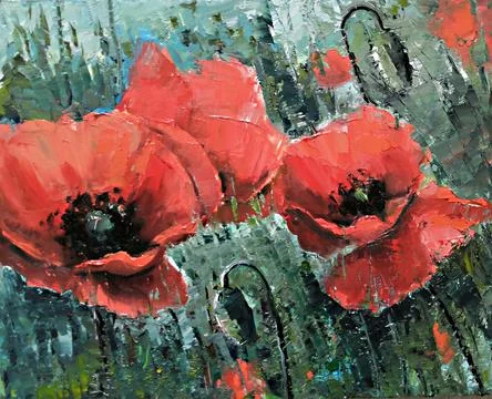 Large red Poppies on the field - Oil Painting by palette knife. Big red flowers Stock Illustration