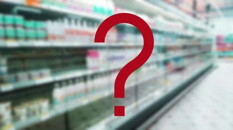 Large red question mark on blur supermarket background. Defocused shelves Illustrazione stock
