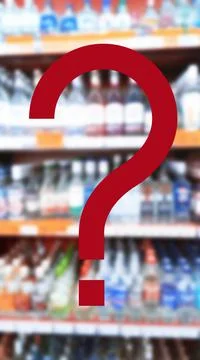 Large red question mark on blur supermarket background. Defocused shelves Illustrazione stock