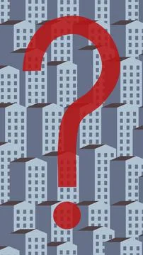 Large red question mark on pattern of gray houses background. Mortgage Stock Illustration