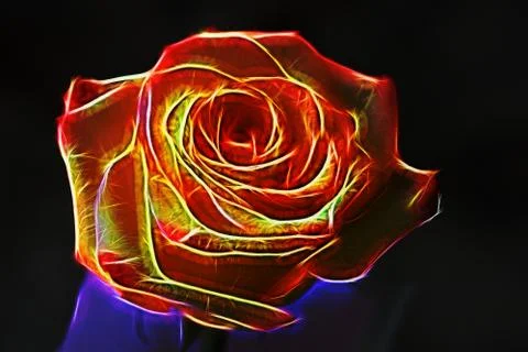 Large red rose neon effect. The glow effect. Surrealism. Dark background. Stock-Fotos