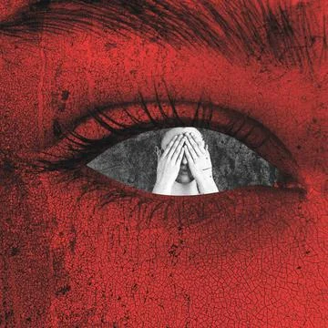 Large red textured eye observing man covering face Stock Illustration