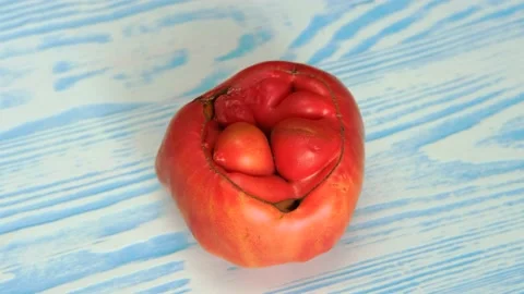 A large red, ugly, gnarled tomato spins on a wooden Board. Stockbeeldmateriaal 138774359