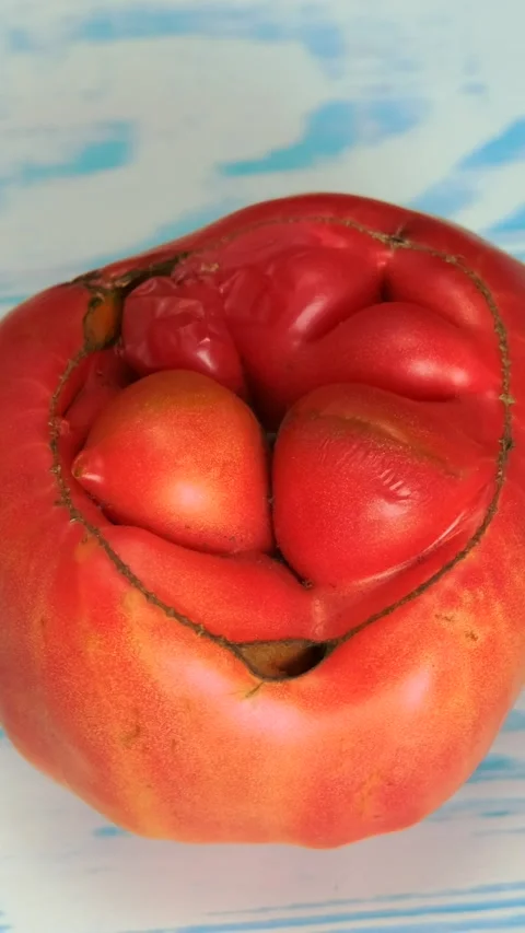 A large red, ugly, gnarled tomato spins on a wooden Board. Stock Footage 285484617