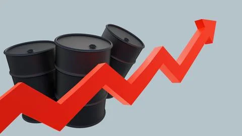 A Large Red Upward Arrow Moving Past Black Petroleum Barrels 스톡 일러스트