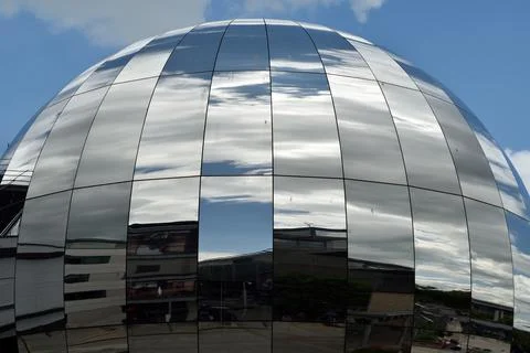 Large reflective Space Ball mirror building Stock Photos