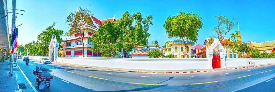 The large religion complex with colorful edifices, Bangkok, Thailand Stock Photos