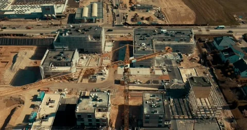 Large Residential Construction Site with Tower Crane, Aerial Drone, High Angle Stock Footage 340313664