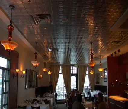 Large restaurant dining room with warm lighting Stock Footage 21622419