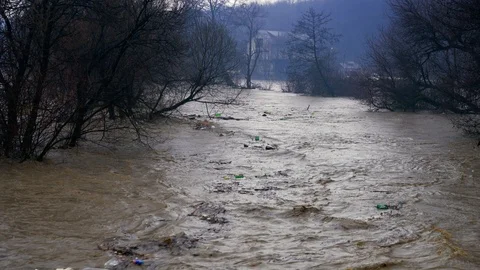 Large River Flood after melting snow, fast water Stock Footage