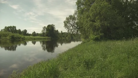 A large river flowing through remote nature with reflection in the water Stock Footage 159981097