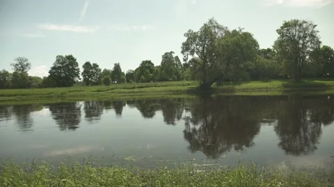 A large river flowing through remote nature with reflection in the water Stock Footage 159981146