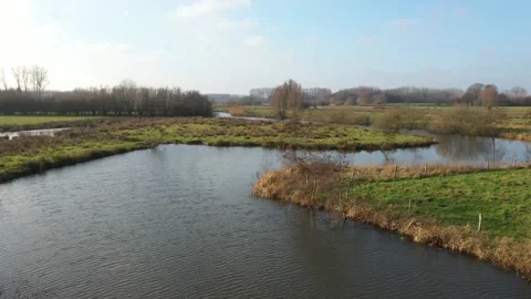 A large river that is meandering through bright green colored grass Stock Footage 142751499