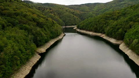 Large River in Mountains with Trees Stock Footage 253839179