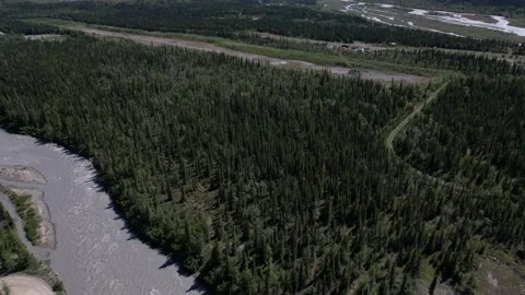Large River with Slow Reveal of Snowy Mountains and Green Forest Stock Footage 217849201