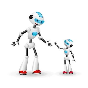 Large robot talking to small one. Vector illustration isolated on white bac.. Illustrazione stock