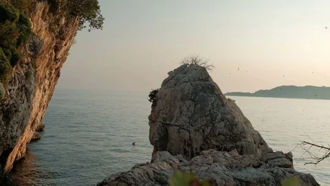 On a large rock circling flock of birds near sea with a boat. Video stock 80495565