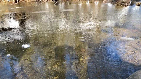 Large rock collides with frozen stream Stock Footage 262403073
