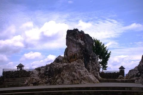 A large rock sits in front of a small tree Stock Photos