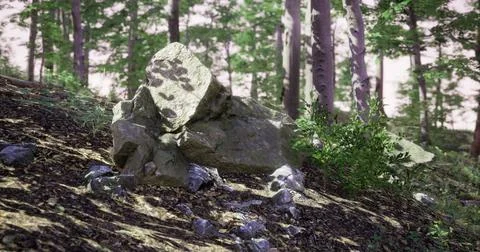 Large rock surrounded by lush greenery in a tranquil forest setting Stock Illustration