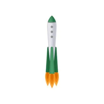 Large rocket with three engine fire. Spacecraft with small round window. Cosmos 스톡 일러스트