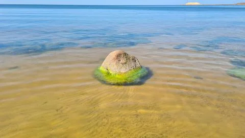 Large rocks covered with green algae lie on sandy seabed on sunny day Stock Photos
