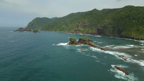 Large Rocks In Ocean Pounded By Waves South East Java Pantai Papuma Jember 스톡 동영상 345034318