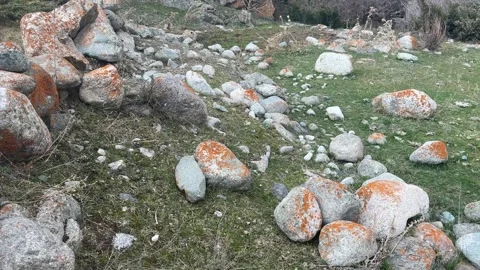Large rocks rolling down grassy mountain slope among scattered stones and Stock Footage 336960252