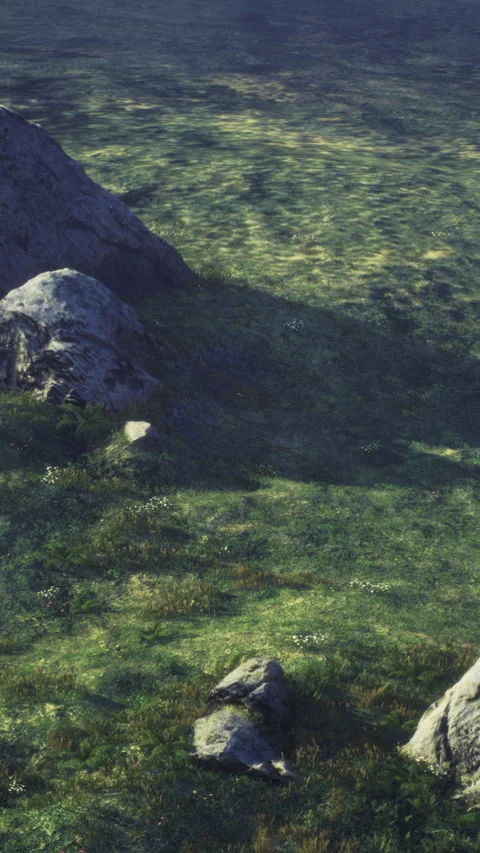 Large rocky formations on a grassy landscape under soft sunlight during daytime Stock Footage 327775907