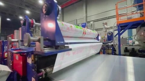 Large roll with colorful packaging foil with business logo Stock Footage 234318598