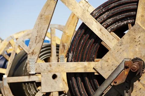 Large rolls of cable at the construction site Stock Photos