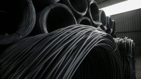Large rolls of thick metal wire, m/s Stock Footage 72766732