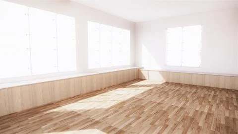 Large room, wide open Clean white wall and wood grain floor with sun light in Stock Illustration