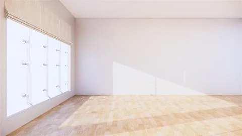 Large room, wide open Clean white wall and wood grain floor with sun light in Stock Illustration
