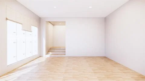 Large room, wide open Clean white wall and wood grain floor with sun light in Stock Illustration