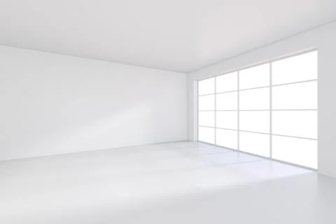 Large room with windows and falling light from the window to the floor. 3D Illustrazione stock